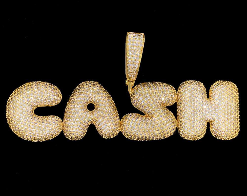 CASH Bubble Letter Font Iced Out Hip Hop Pendant Yellow Gold HipHopBling