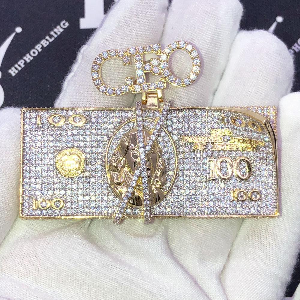 CEO $100 Bill Stack CZ Hip Hop Iced Out Pendant Yellow Gold HipHopBling