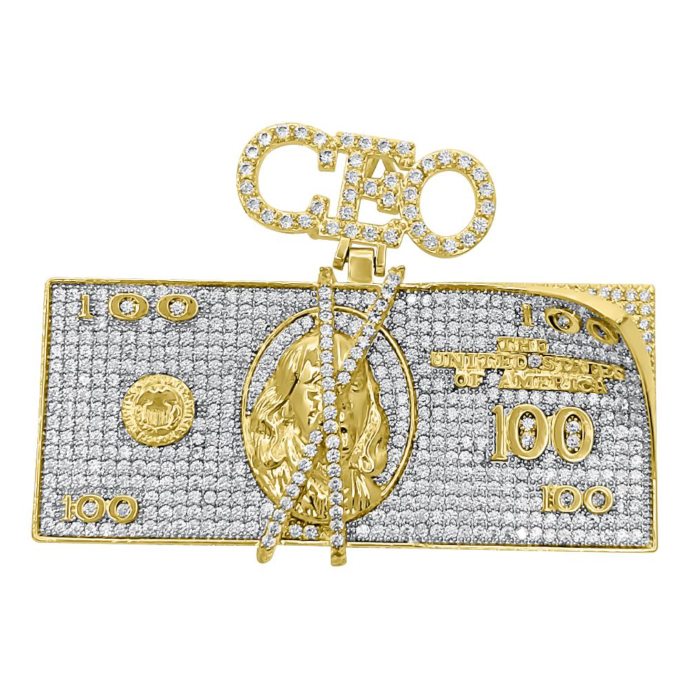 CEO $100 Bill Stack CZ Hip Hop Iced Out Pendant Yellow Gold HipHopBling