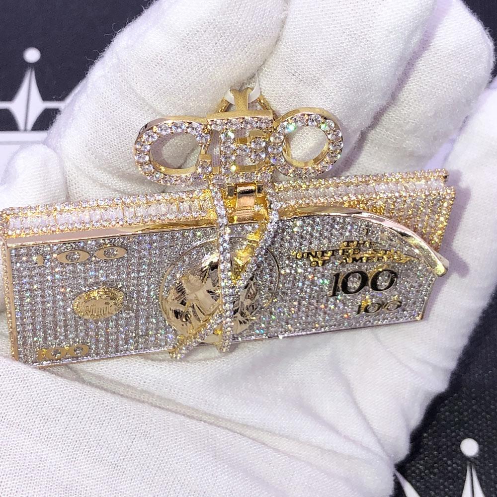 CEO $100 Bill Stack CZ Hip Hop Iced Out Pendant Yellow Gold HipHopBling