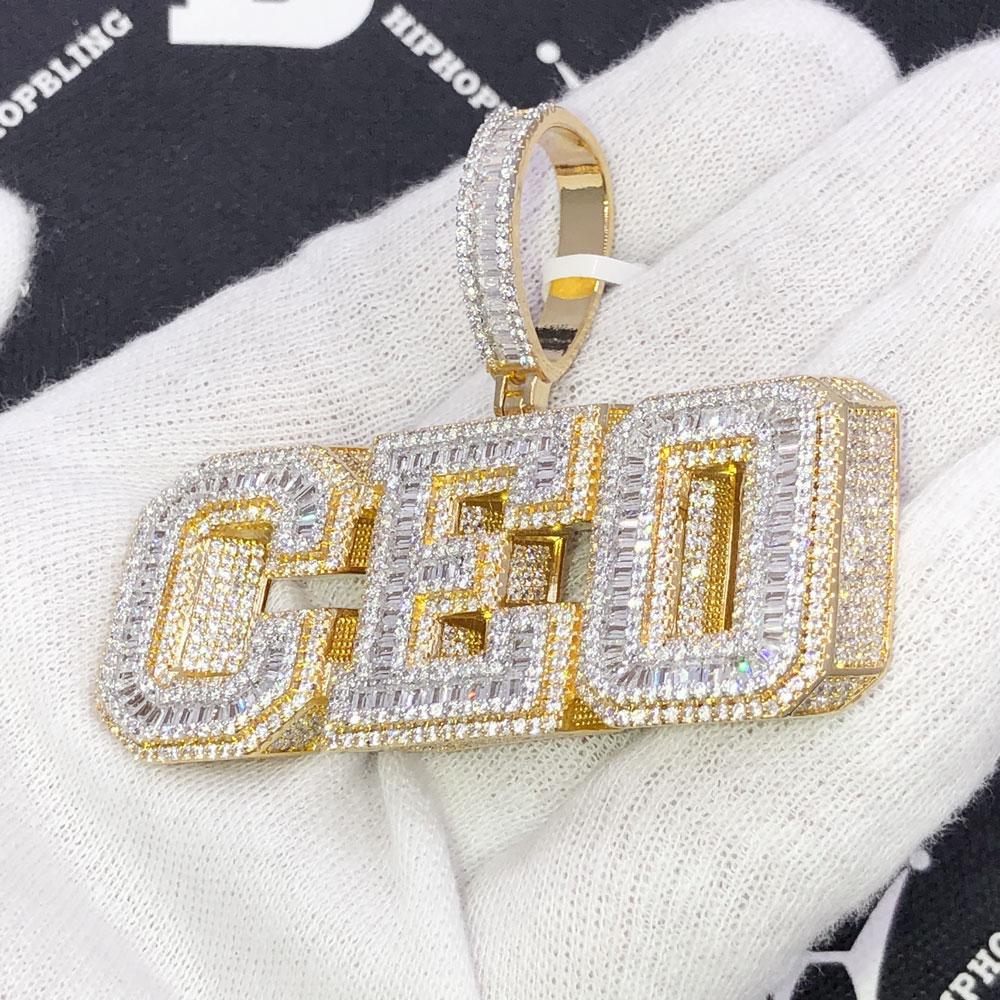 CEO Baguette Shadow CZ Hip Hop Bling Iced Out Pendant White Gold HipHopBling