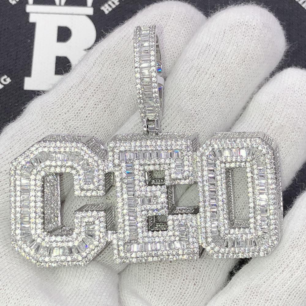 CEO Baguette Shadow CZ Hip Hop Bling Iced Out Pendant White Gold HipHopBling