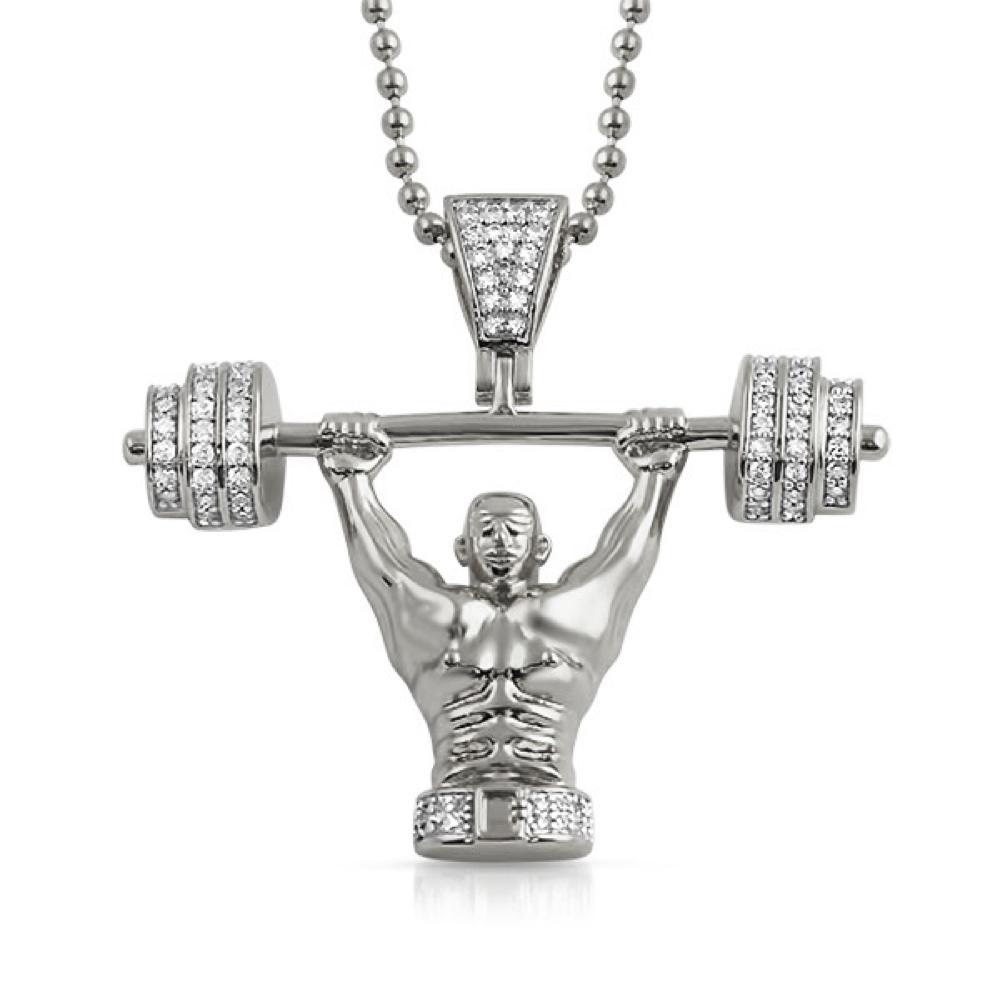 Champion Weightlifter 3D CZ Pendant Rhodium HipHopBling