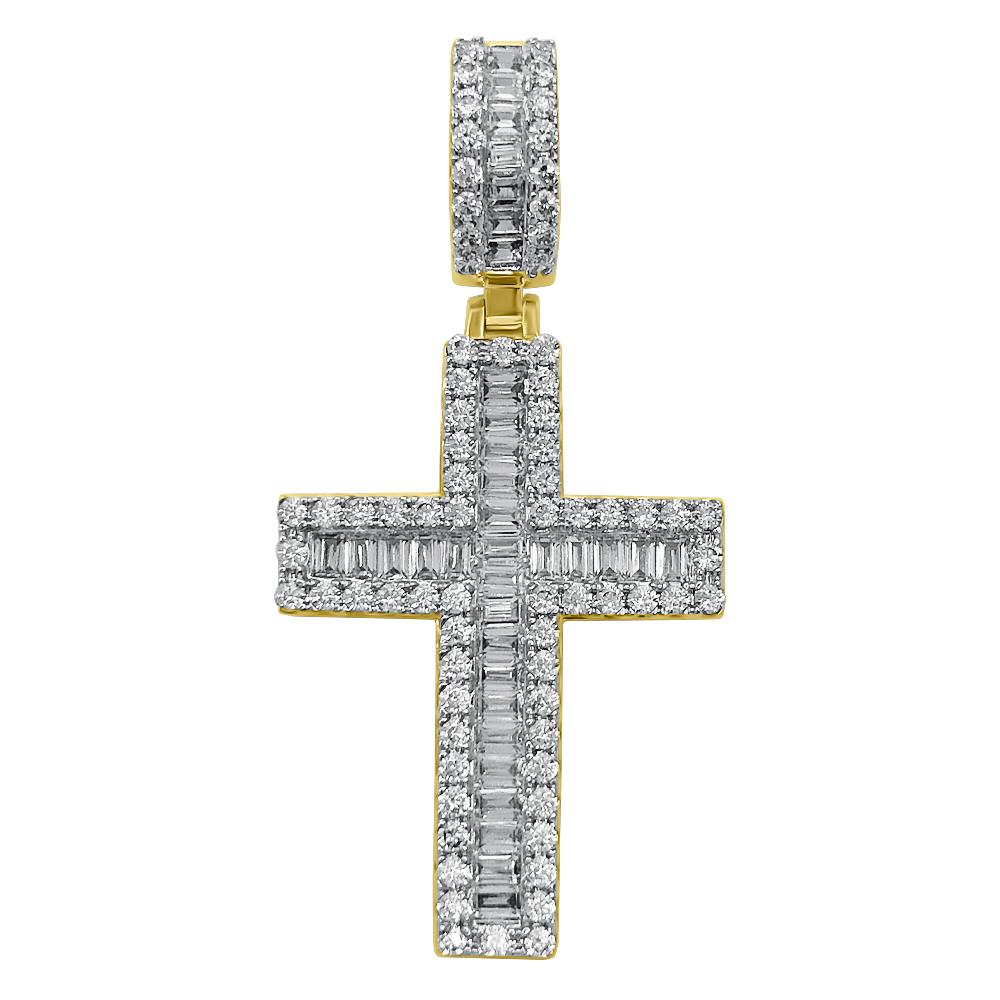 Channel Baguette Cross VVS CZ Hip Hop Iced Out Pendant Yellow Gold HipHopBling
