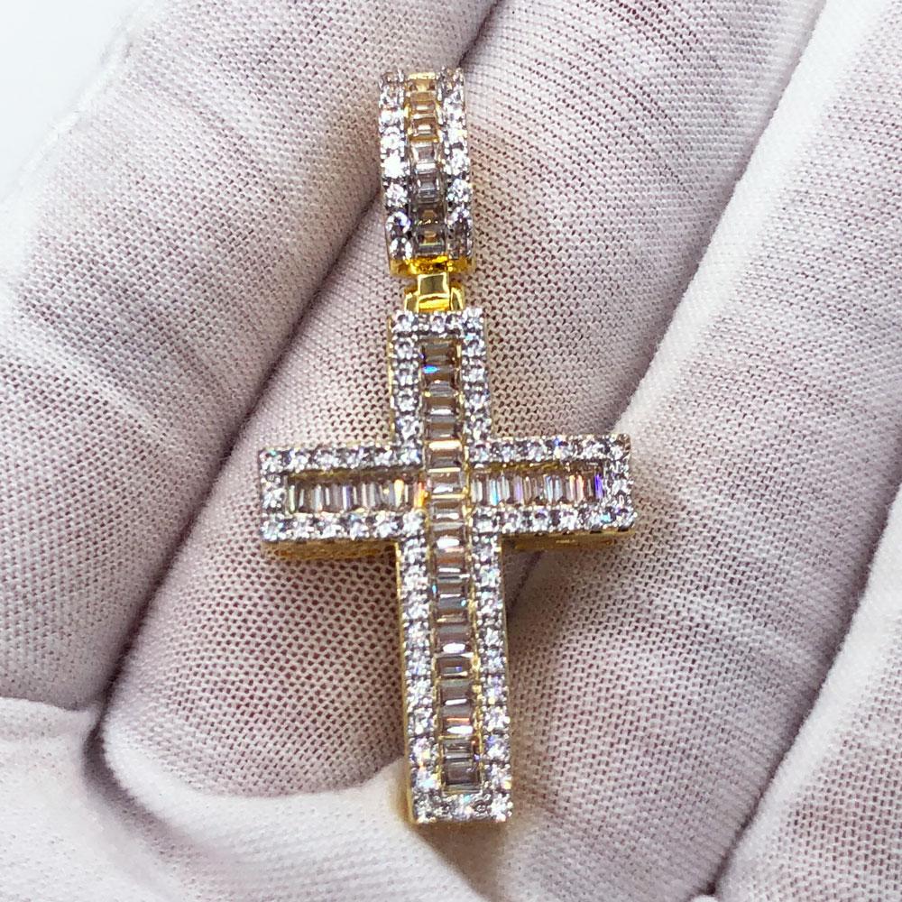 Channel Baguette Cross VVS CZ Hip Hop Iced Out Pendant Yellow Gold HipHopBling