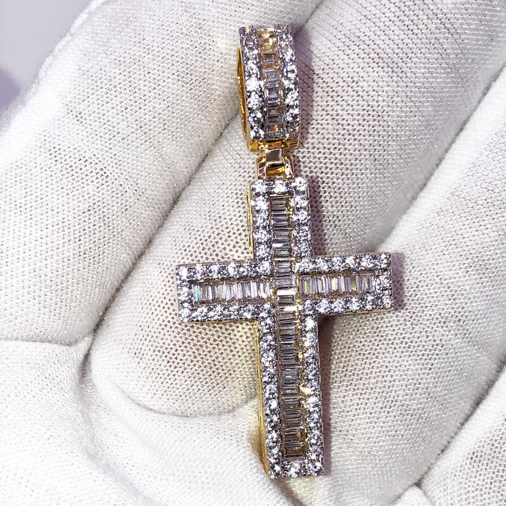 Channel Baguette Cross VVS CZ Hip Hop Iced Out Pendant Yellow Gold HipHopBling
