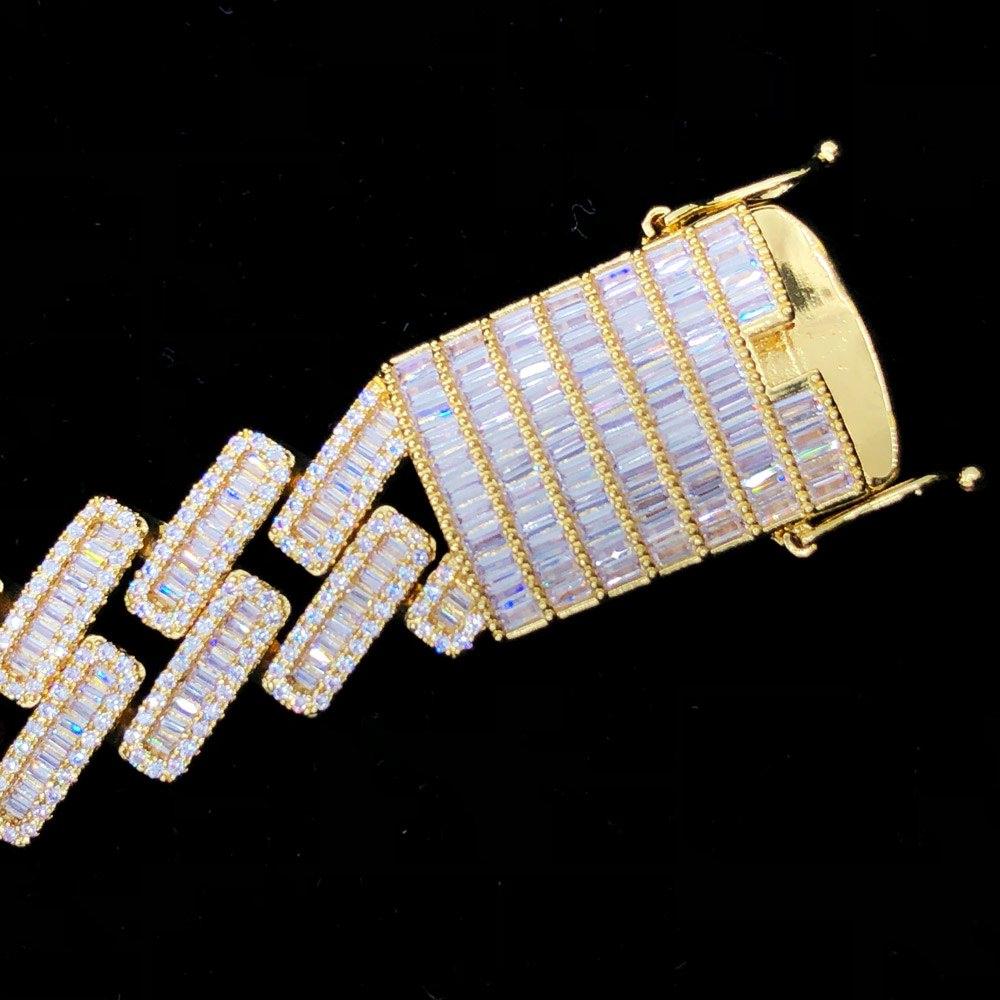 Channel Baguette Cuban Link Hip Hop Bling Bling Bracelet Yellow Gold 7" HipHopBling