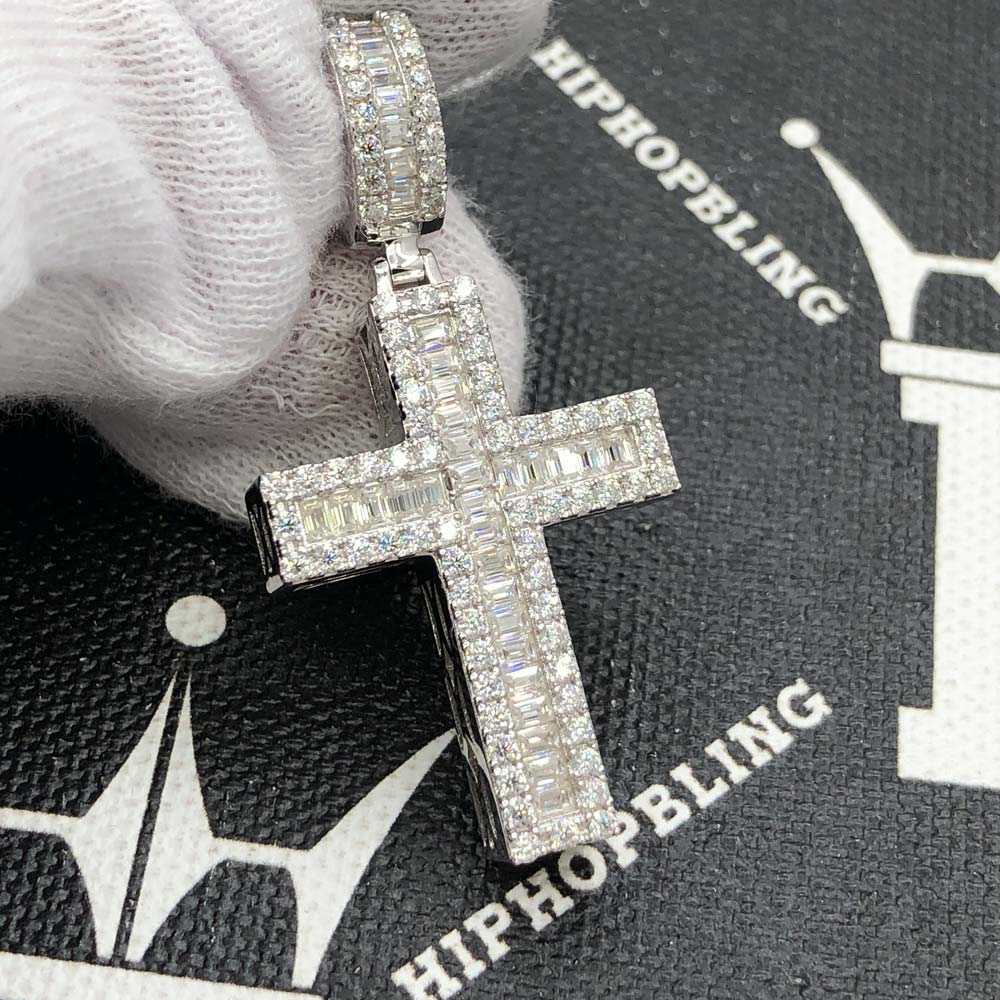 Channel Cross Baguette 2.29cttw VVS Moissanite Pendant .925 Sterling Silver HipHopBling