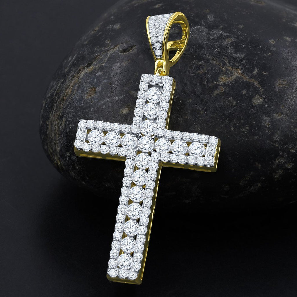 Channel Set Center Cross CZ Iced Out Pendant .925 Sterling Silver HipHopBling