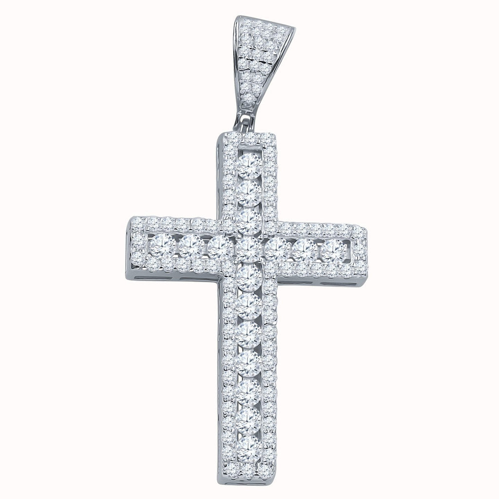 Channel Set Center Cross CZ Iced Out Pendant .925 Sterling Silver HipHopBling