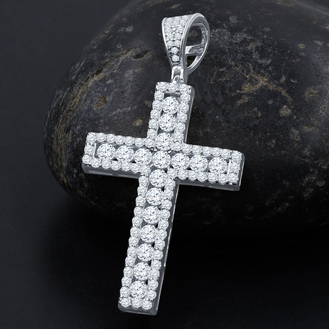 Channel Set Center Cross CZ Iced Out Pendant .925 Sterling Silver Yellow Gold HipHopBling