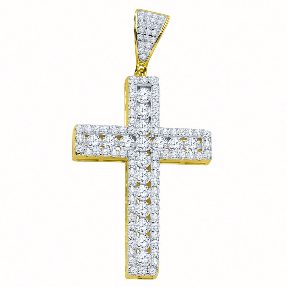 Channel Set Center Cross CZ Iced Out Pendant .925 Sterling Silver Yellow Gold HipHopBling