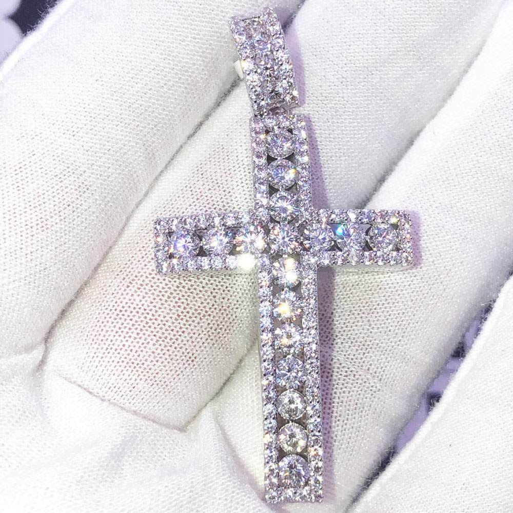 Channel Set Cross CZ Hip Hop Bling Bling Pendant White Gold HipHopBling
