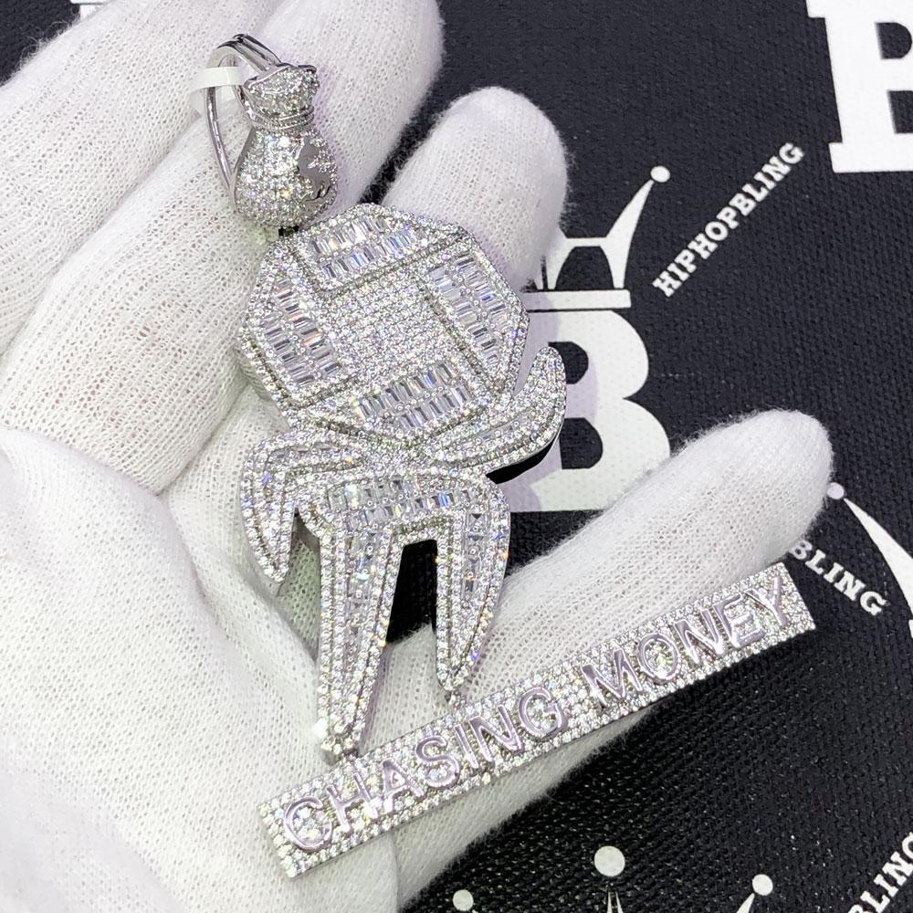 Chasing Money Baguette CZ Hip Hop Iced Out Pendant White Gold HipHopBling