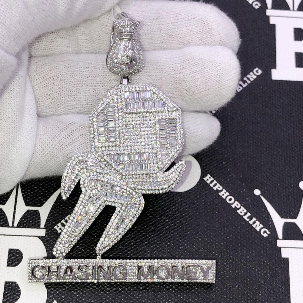 Chasing Money Baguette CZ Hip Hop Iced Out Pendant White Gold HipHopBling