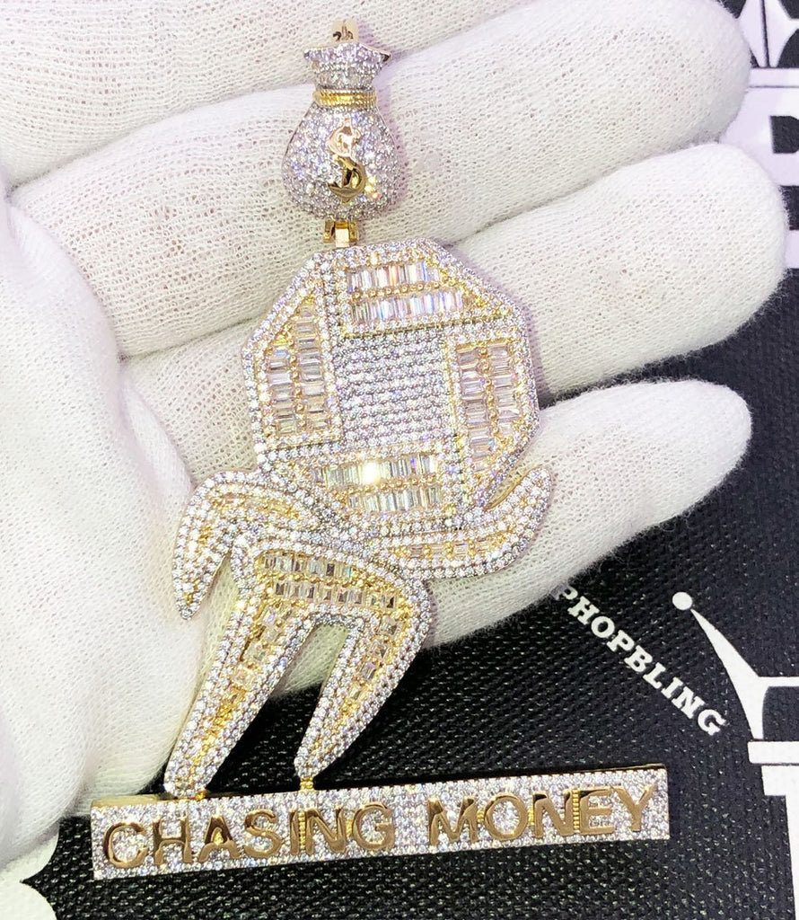 Chasing Money Baguette CZ Hip Hop Iced Out Pendant Yellow Gold HipHopBling