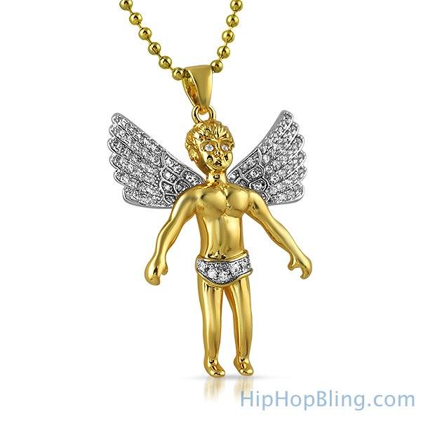 Cherub Angel Spread Wings Gold CZ Pendant HipHopBling