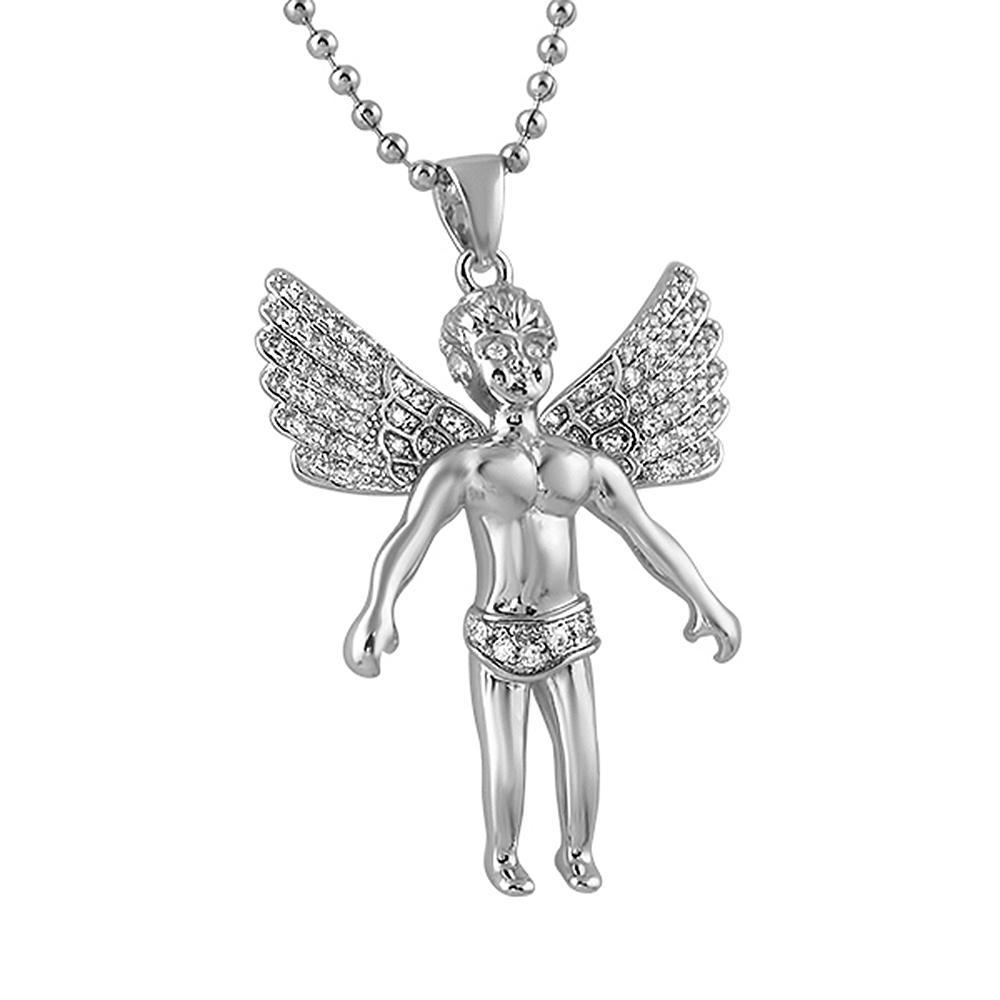 Cherub Angel Wings Spread CZ Rhodium Pendant HipHopBling