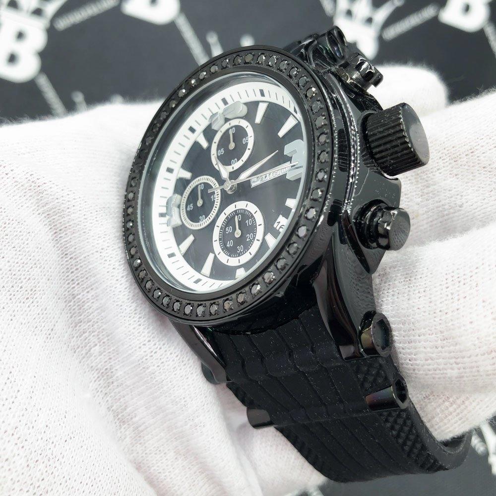 Chronograph Rubber Band 2.00 Carat Black Diamond Hip Hop Watch JoJino HipHopBling