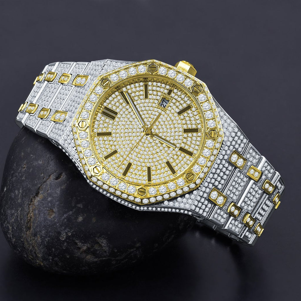 Chunky CZ Bezel Bling Bling Watch 2 - Tone Yellow/White HipHopBling