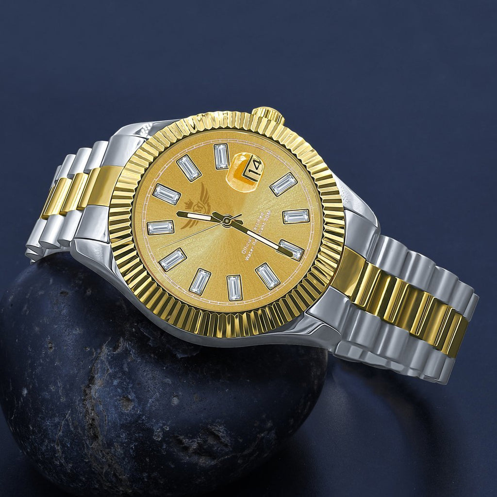 Clean 41MM CZ Baguette Hours Date Watch 2 - Tone Gold Dial HipHopBling