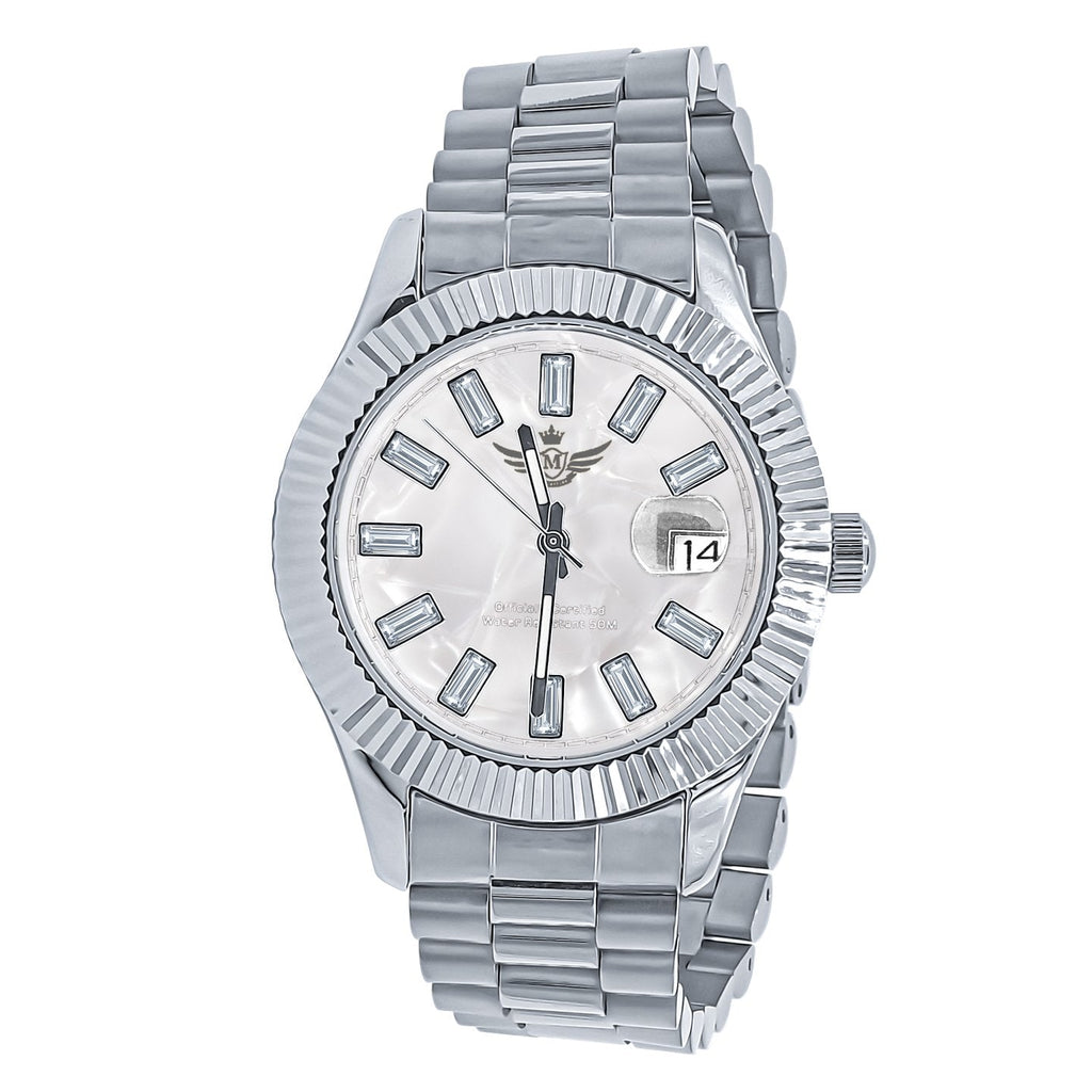 Clean 41MM CZ Baguette Hours Date Watch White Gold HipHopBling