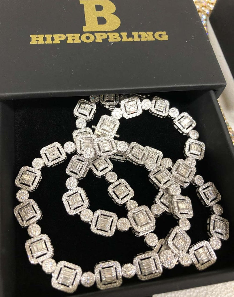 Cluster Baguette Moissanite Iced Out Chain .925 Sterling Silver 18" HipHopBling