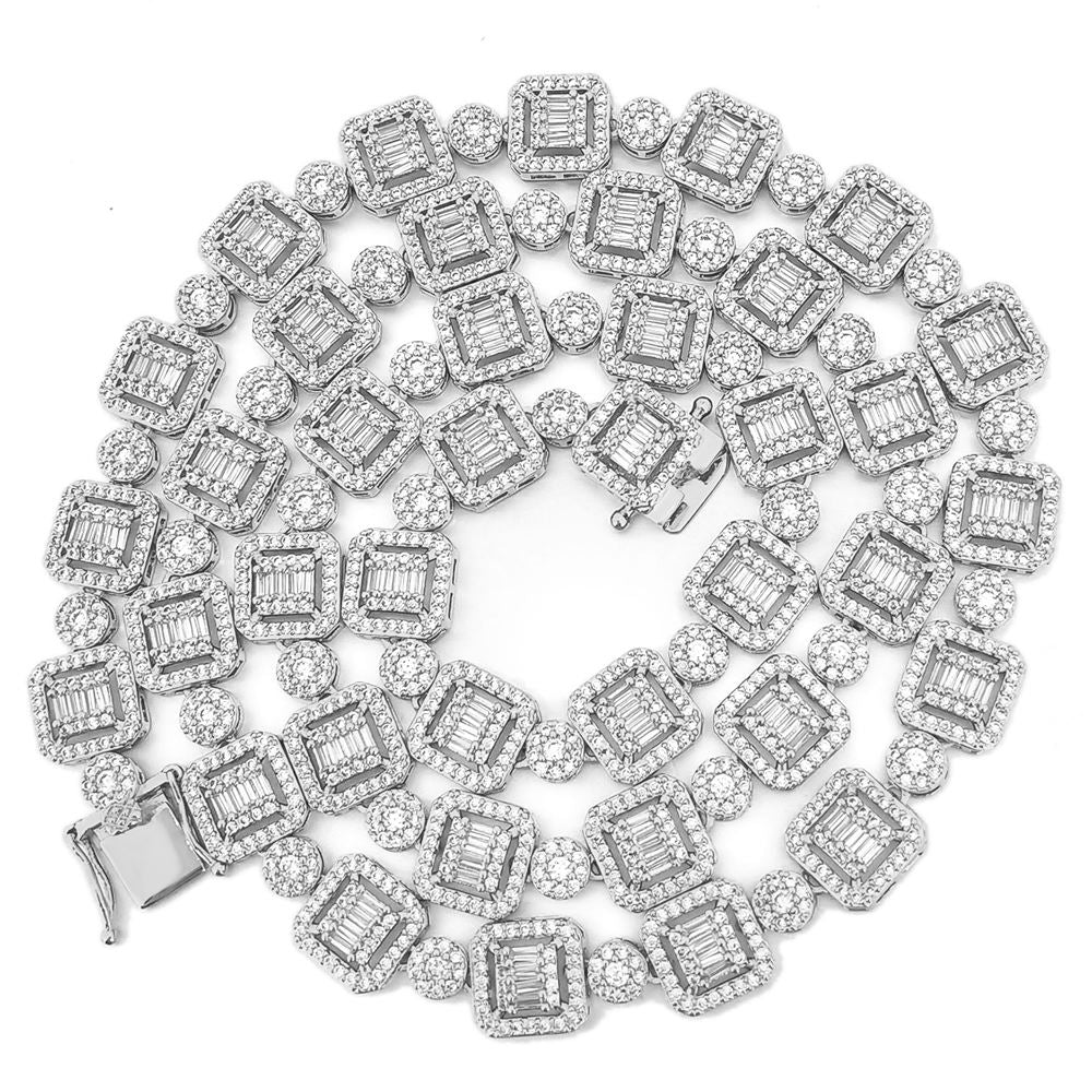 Cluster Baguette Moissanite Iced Out Chain .925 Sterling Silver 18" HipHopBling