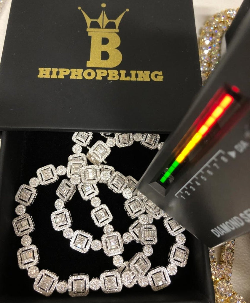 Cluster Baguette Moissanite Iced Out Chain .925 Sterling Silver 18" HipHopBling