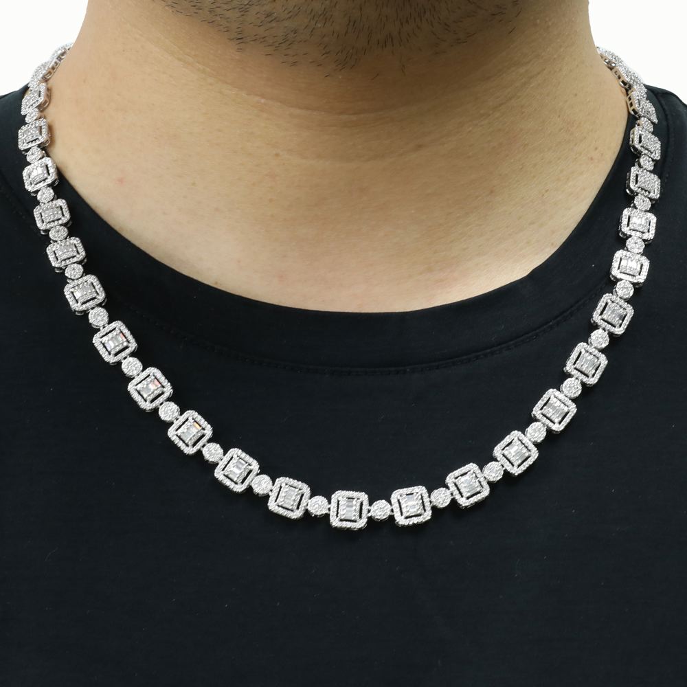 Cluster Baguette Moissanite Iced Out Chain .925 Sterling Silver 18" HipHopBling
