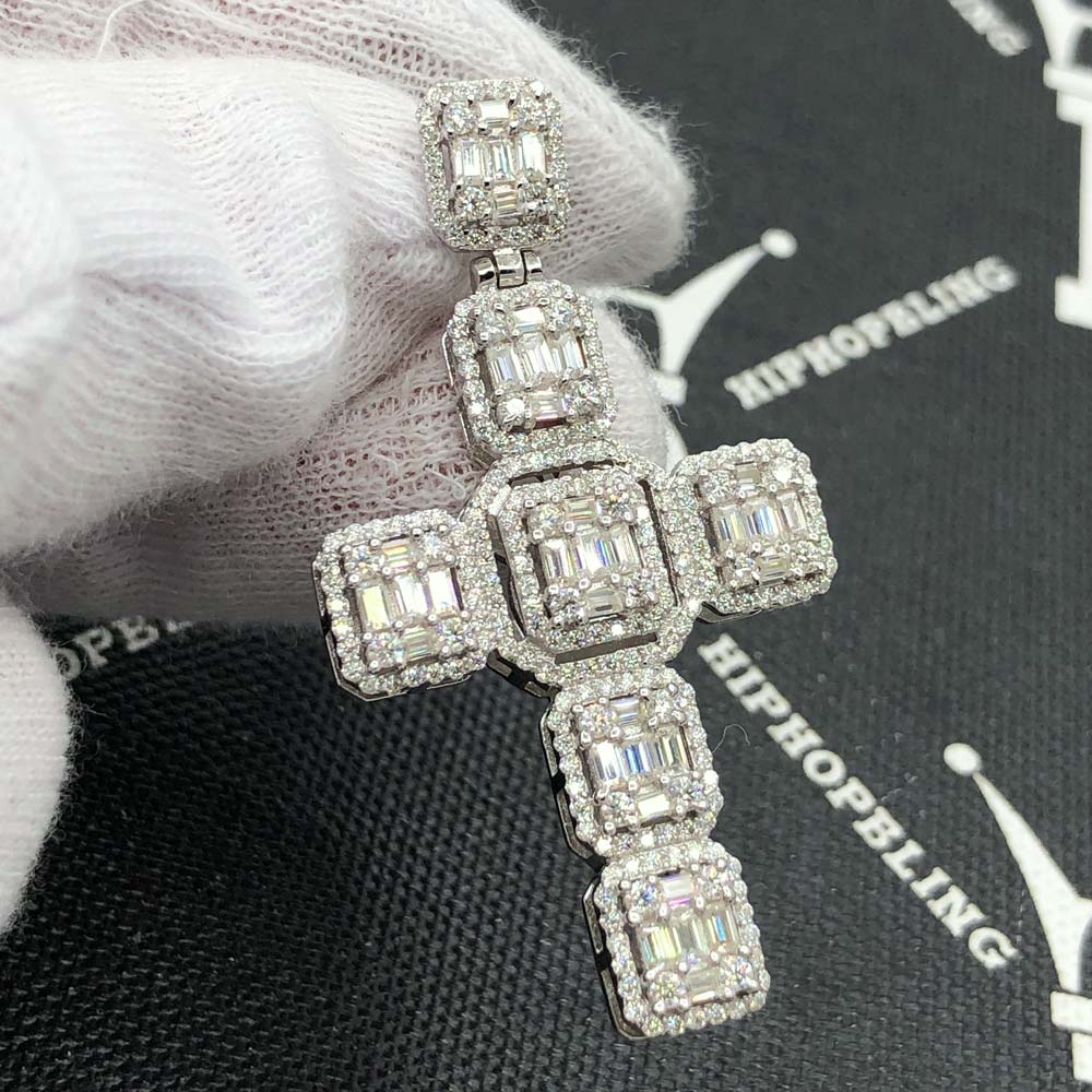 Cluster Cross Baguette 2.83cttw VVS Moissanite Pendant .925 Sterling Silver HipHopBling