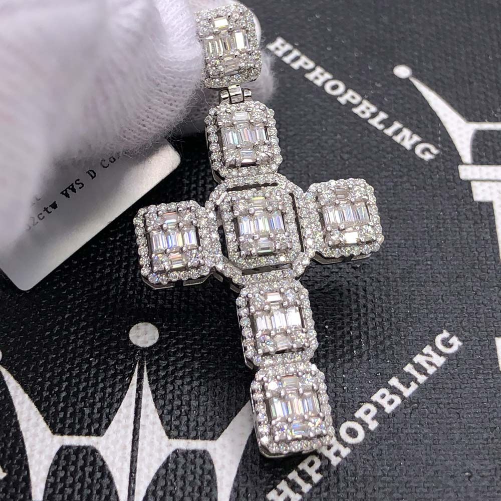Cluster Cross Baguette 2.83cttw VVS Moissanite Pendant .925 Sterling Silver HipHopBling
