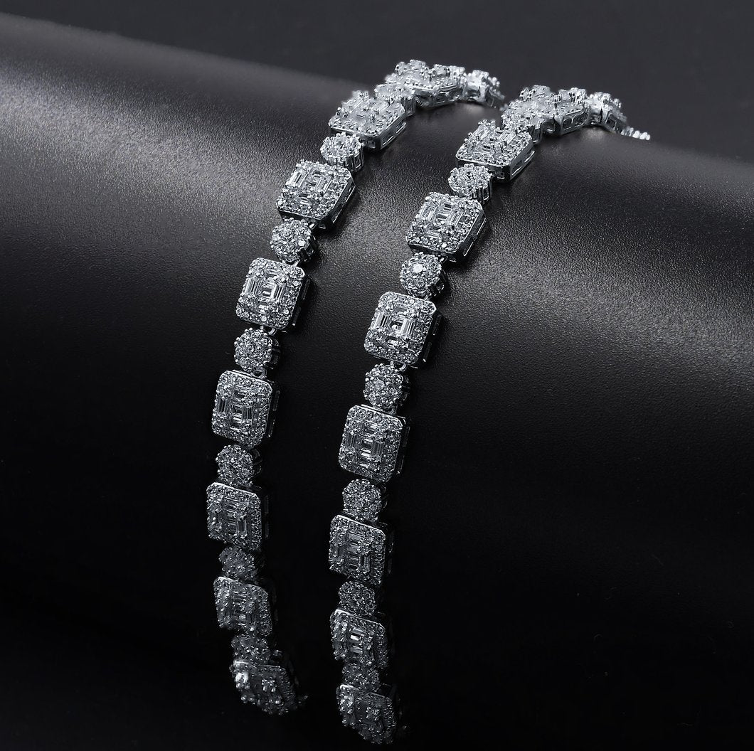 Cluster Round & Square CZ Iced Out Chain .925 Sterling Silver 20" HipHopBling