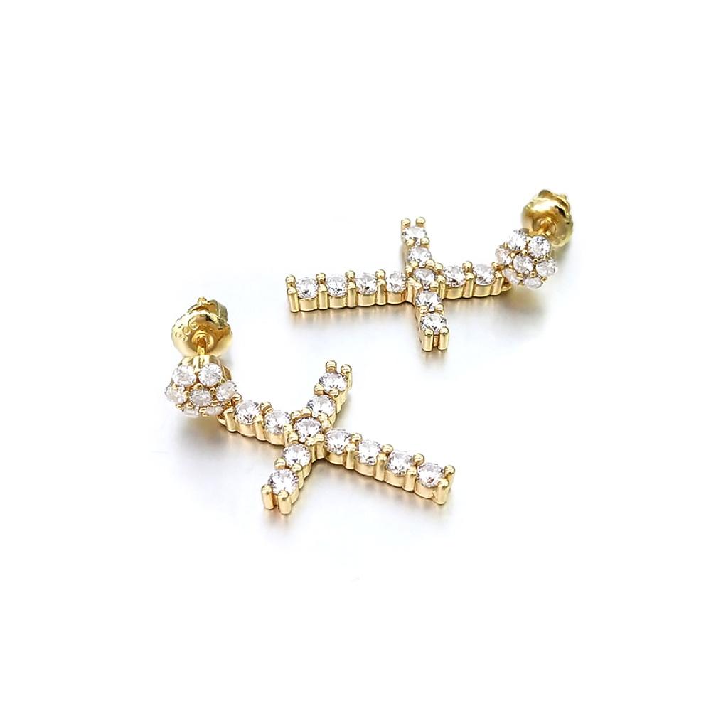 Cluster Stud Dangling L Tennis Cross CZ Iced Out Earrings .925 Silver White Gold HipHopBling