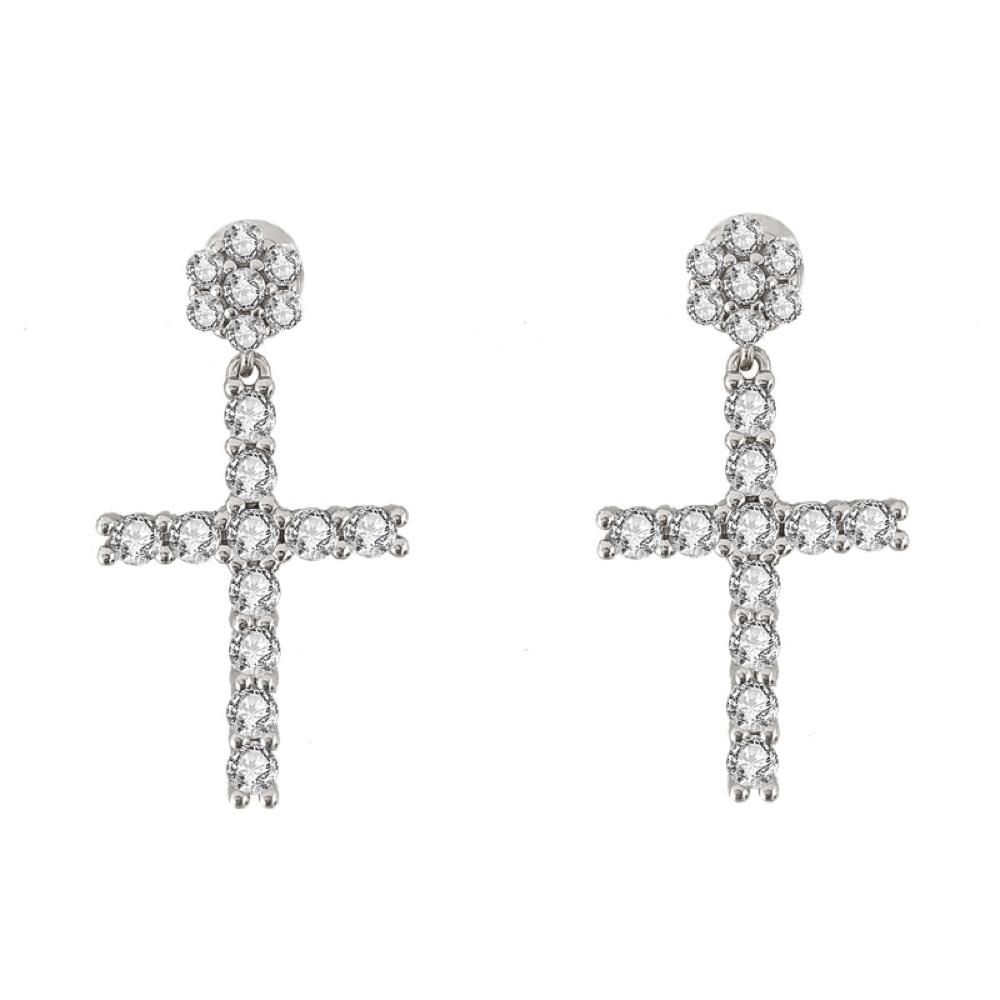 Cluster Stud Dangling L Tennis Cross CZ Iced Out Earrings .925 Silver White Gold HipHopBling