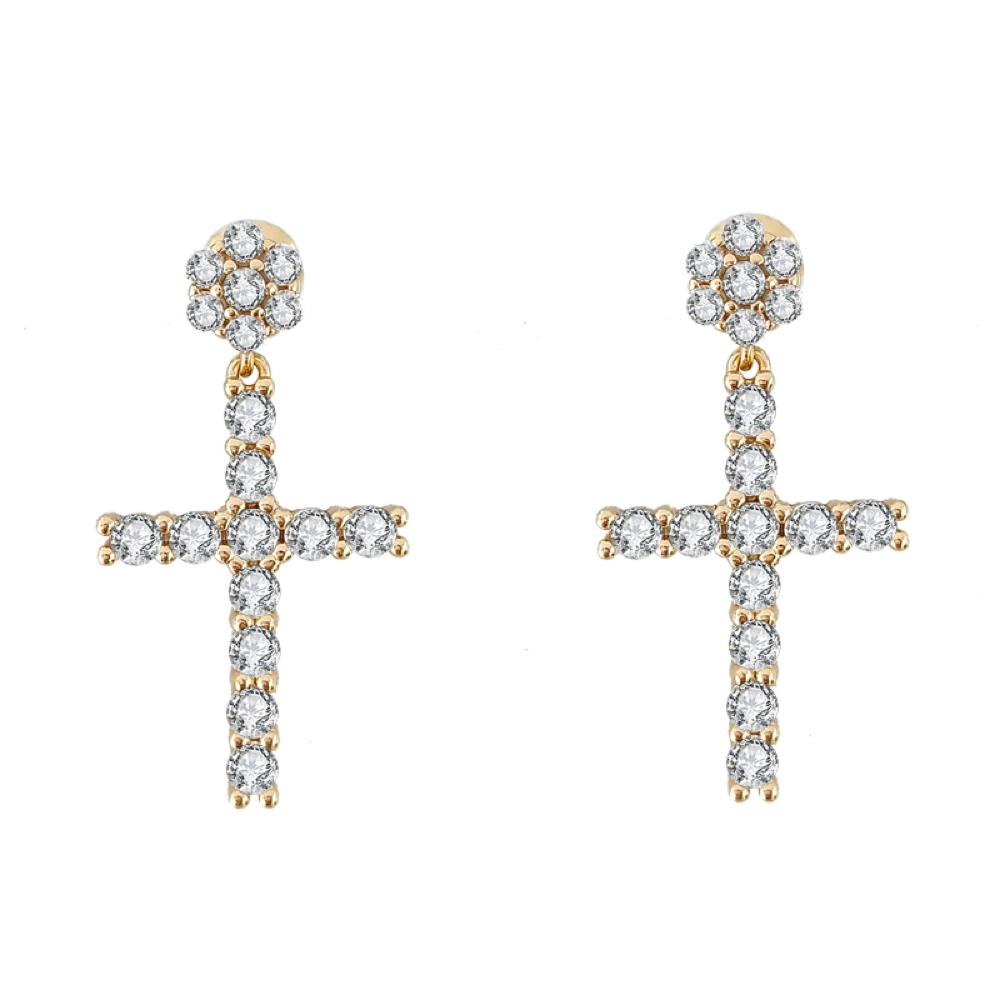 Cluster Stud Dangling L Tennis Cross CZ Iced Out Earrings .925 Silver Yellow Gold HipHopBling