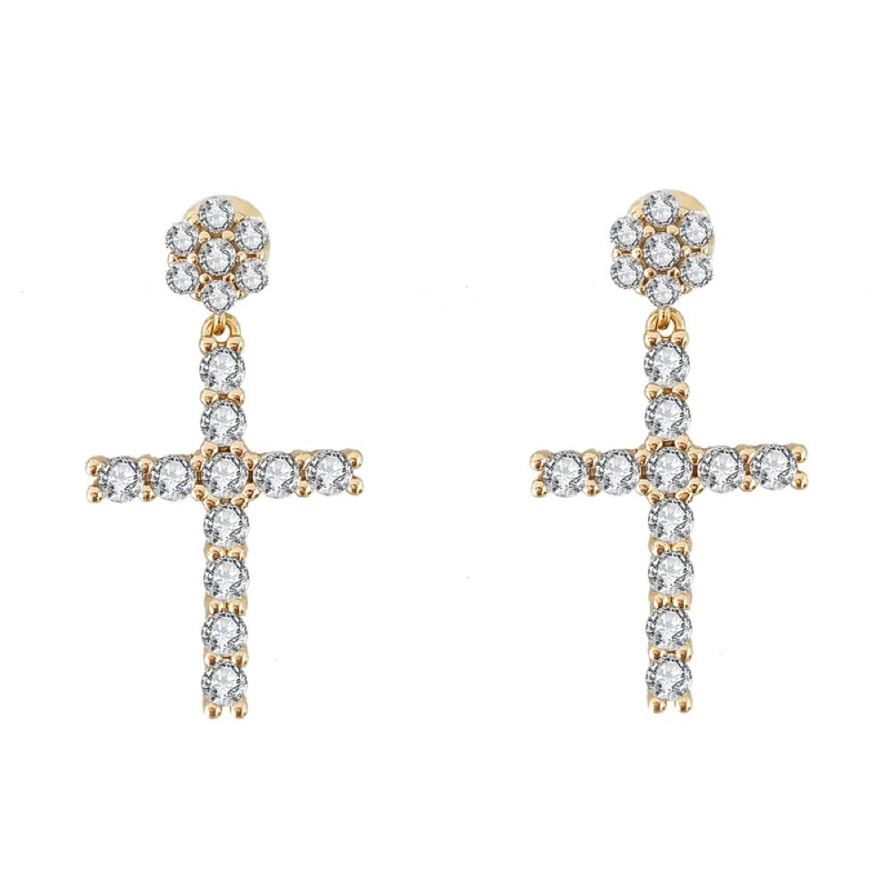 Cluster Stud Dangling L Tennis Cross CZ Iced Out Earrings .925 Silver Yellow Gold HipHopBling