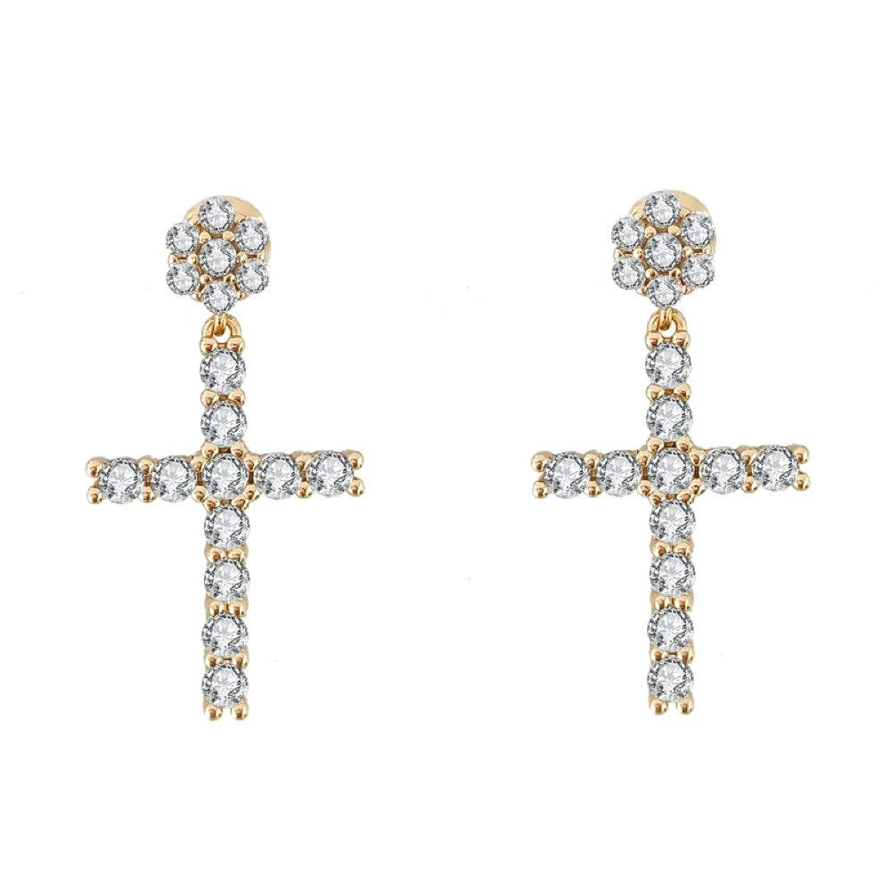 Cluster Stud Dangling Tennis Cross VVS Moissanite Earrings .925 Sterling Silver White Gold HipHopBling