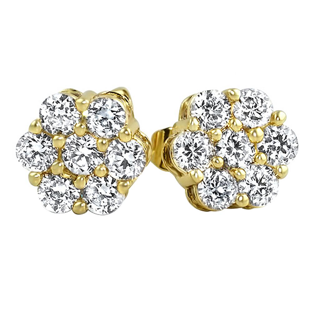 Cluster VVS Moissanite Earrings .925 Sterling Silver Yellow Gold 7MM (.54cttw) HipHopBling