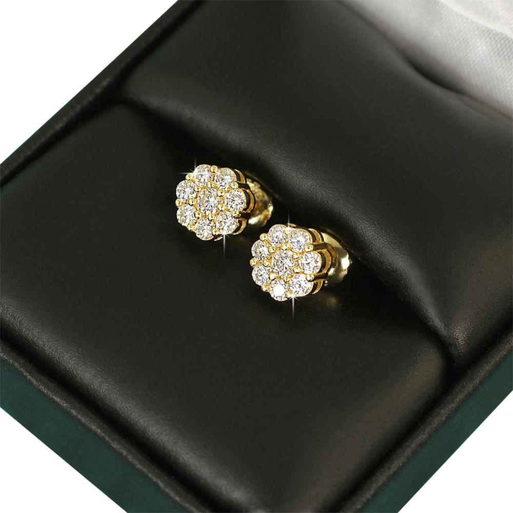 Cluster VVS Moissanite Earrings .925 Sterling Silver Yellow Gold 7MM (.54cttw) HipHopBling