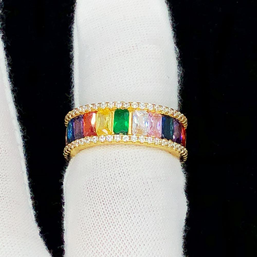 Colorful Baguette Eternity Gold Iced Out Ring .925 Sterling Silver Yellow Gold 7 HipHopBling