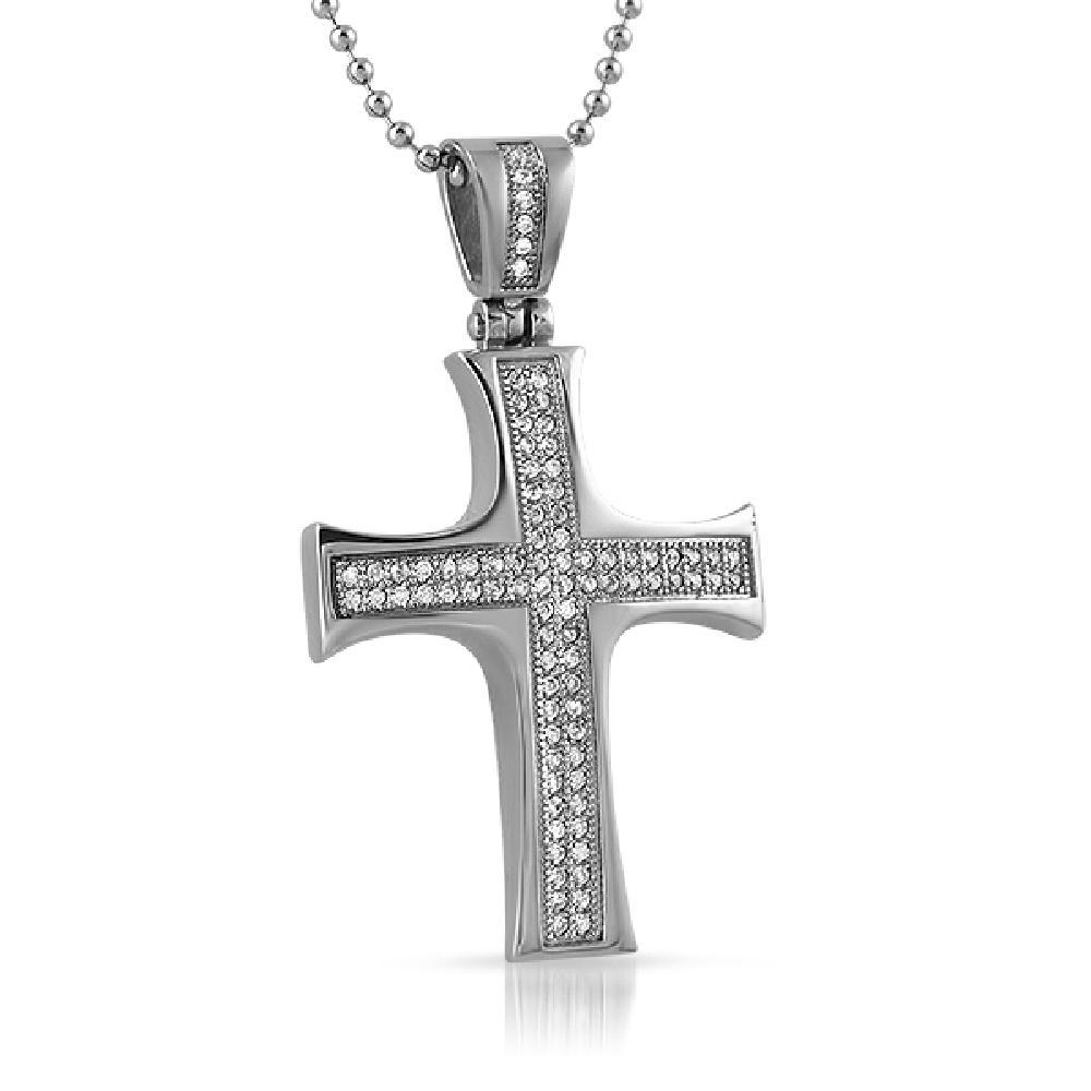 Convex CZ Micro Pave Stainless Steel Cross Mini Pendant Only HipHopBling