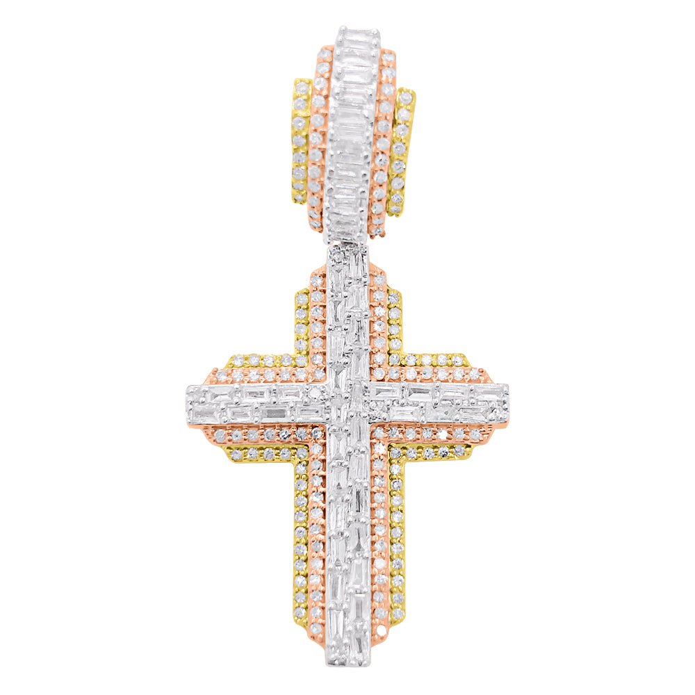 Cross Baguette Diamond Pendant 1.05cttw 3 Tone 10K Gold HipHopBling