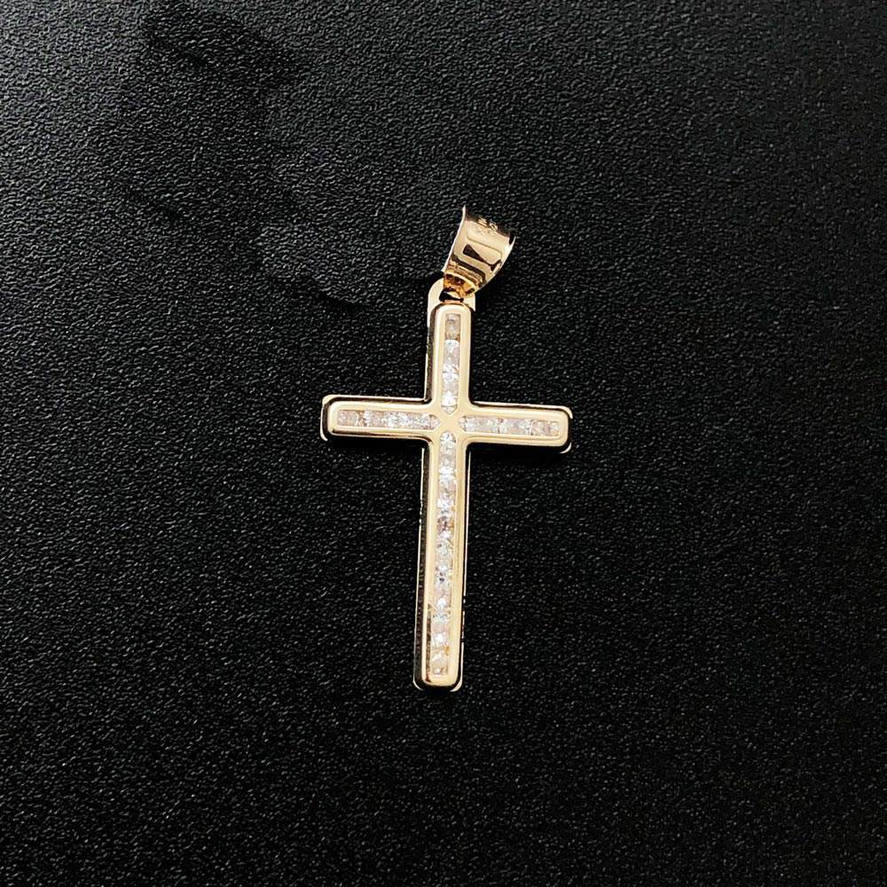 Cross Channel Set CZ 10K Yellow Gold Pendant HipHopBling