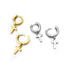 Cross Dangling Huggie Hoop Earrings .925 Silver White Gold HipHopBling