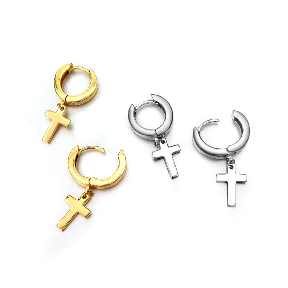 Cross Dangling Huggie Hoop Earrings .925 Silver White Gold HipHopBling