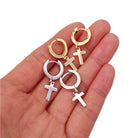 Cross Dangling Huggie Hoop Earrings .925 Silver White Gold HipHopBling