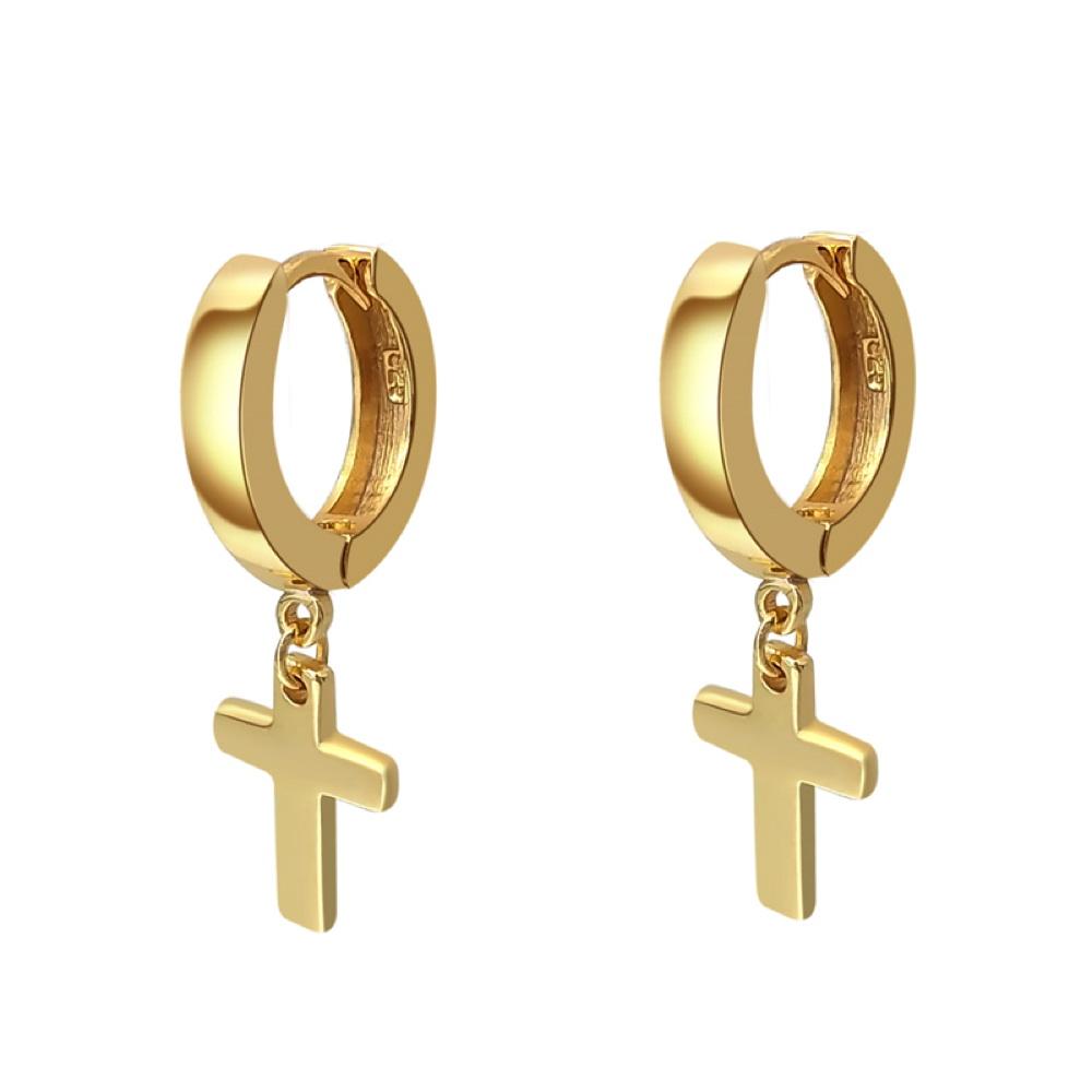 Cross Dangling Huggie Hoop Earrings .925 Silver Yellow Gold HipHopBling