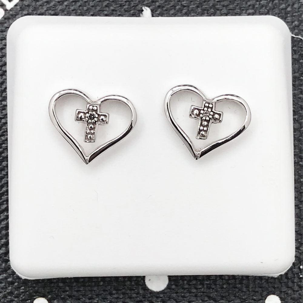 Cross Heart Diamond Earrings .02cttw 10K White Gold HipHopBling