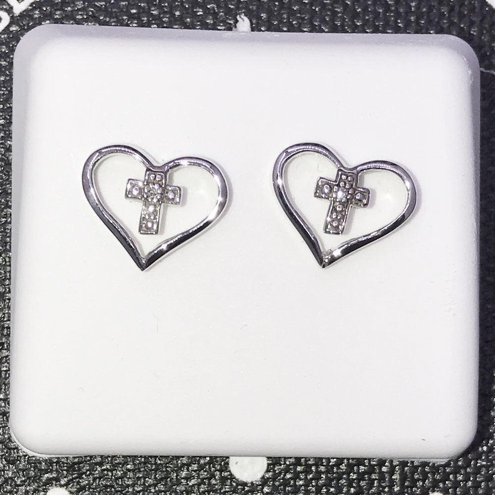Cross Heart Diamond Earrings .02cttw 10K White Gold HipHopBling